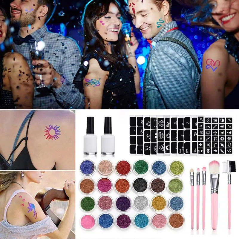 Creative Temporary Body Glitter Tattoo Kit for Kids Temporary Tattoos for Girls Glitter Art Tattoo Stencils Glitter Powder