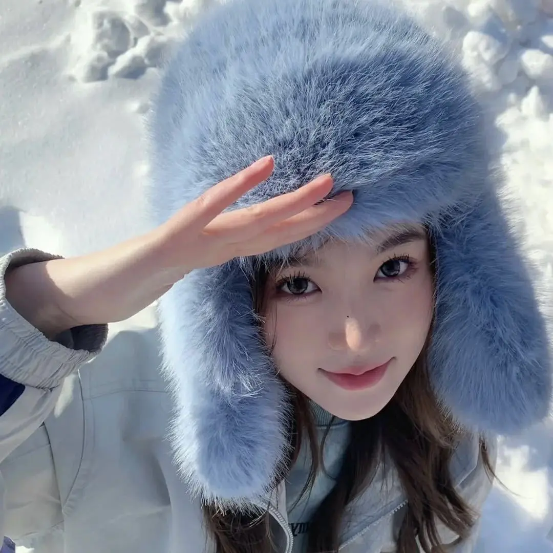 

Women Faux Mink Trapper Hat Winter Thickened Fluffy Ear Protection Northern Ski Snow Cold Proof Warm Knit Cap​