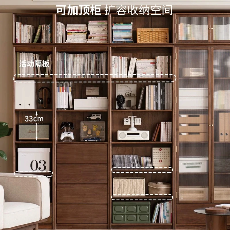 Solid wood bookcase Simple black walnut display cabinet Customized study locker Glass door storage cabinet