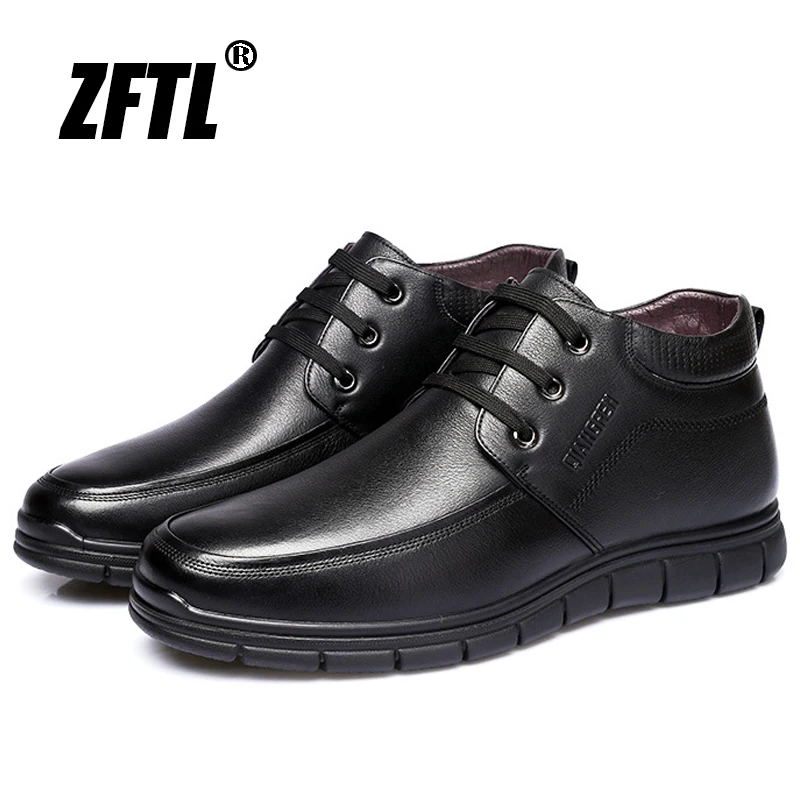 ZFTL Men's Snow Boots Genuine Leather Cowhide with wool fur Winter Warm Ankle Boots Man Black Casual Lace up Anti slip Boots