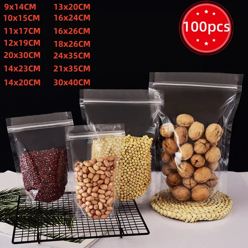 Multi Size Clear Food Packaging Ziplock, Vertical Sealed Storage, Tea, Nuts,Candy, Snacks, Reusable Bags with Logo, 100 PCs/Pack