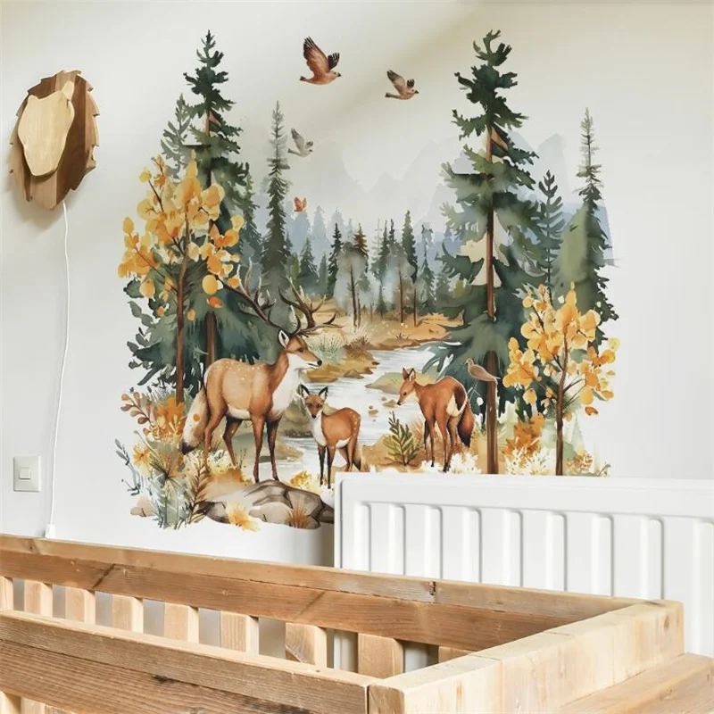 Cartoon Deer Forest Wall Sticker Kids Room Bedroom Background Decor Wallpaper Living Room Home Decoration Self-adhesive Decals