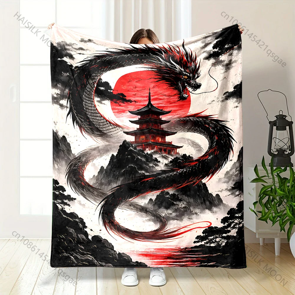 1PC Red dragon circling pagoda printed blanket all seasons multi-purpose blanket suitable for sofa, camping, travel, car