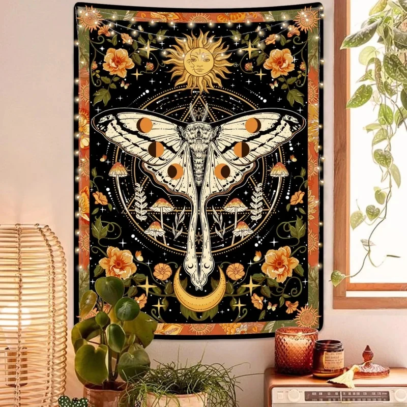 VIKAMA Boho Moth Tapestry, Sun Moon Floral Witchy Print Wall Hanging for Bedroom, Living Room, Dorm & Mystical Home Decor