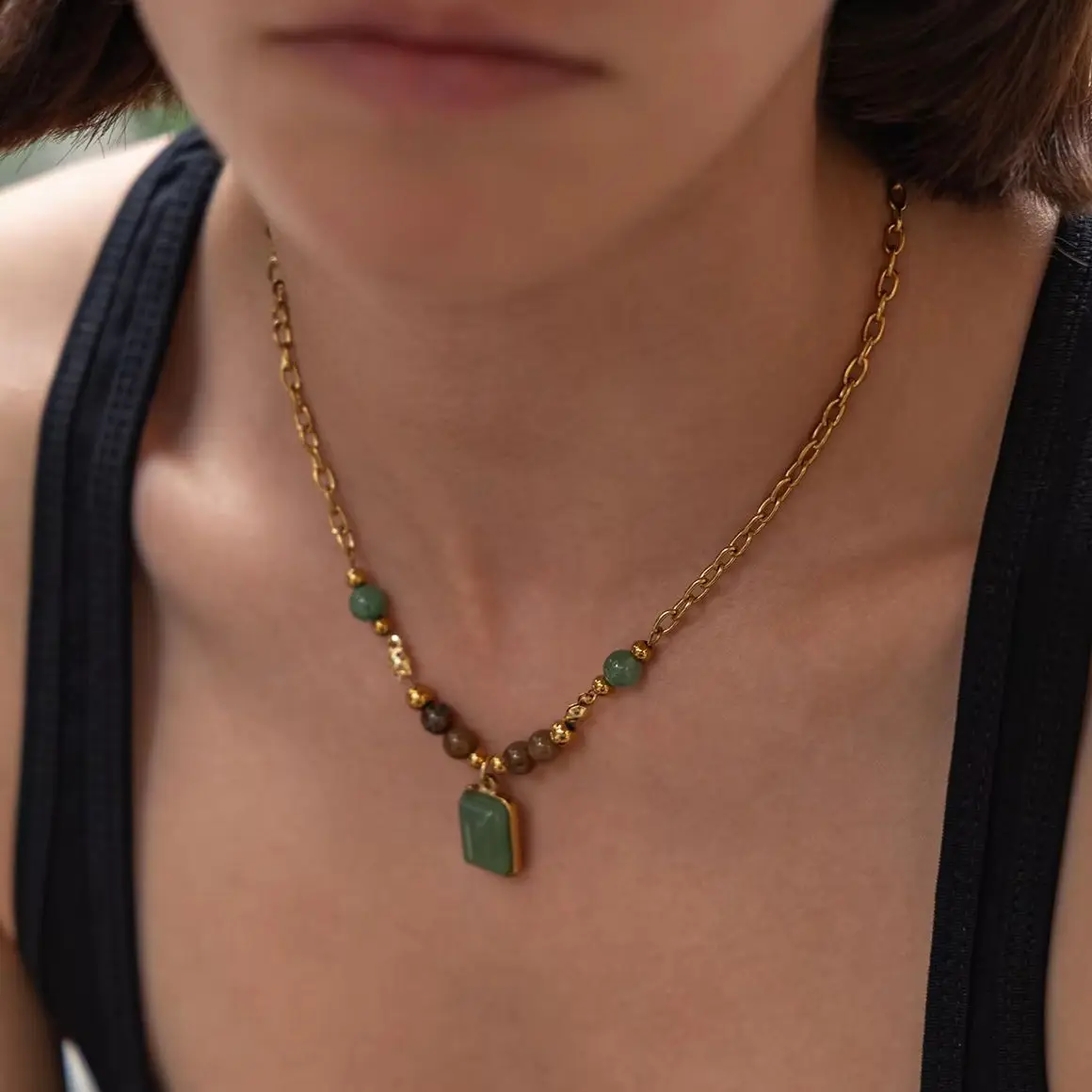 

Ingemark Bohemian Natural Stone Bead Pendant Necklace Women Stainless Steel Gold Plated Multi Layer Stackable Chokers Necklace
