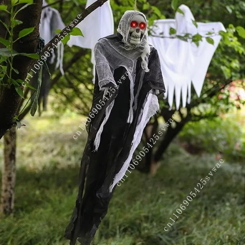 Halloween Practical Joke Outdoor Hanging Ghost Eyes Ornament Glowing Skull Ghost Gauze Decorative Layout Props Made Plastic