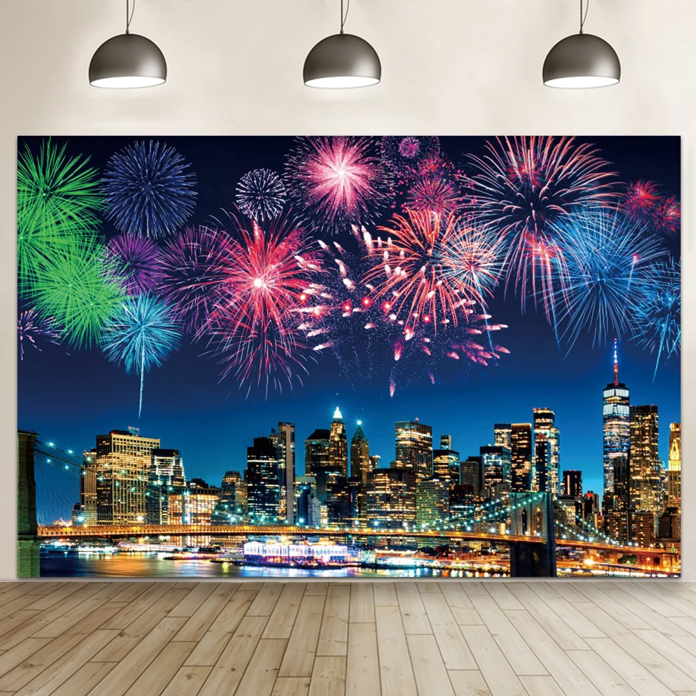 2025 Happy New Year Party Backdrop Fireworks Clocks Champagne Gold Balloons Home Party Banner Decoration Photography Backgrounds