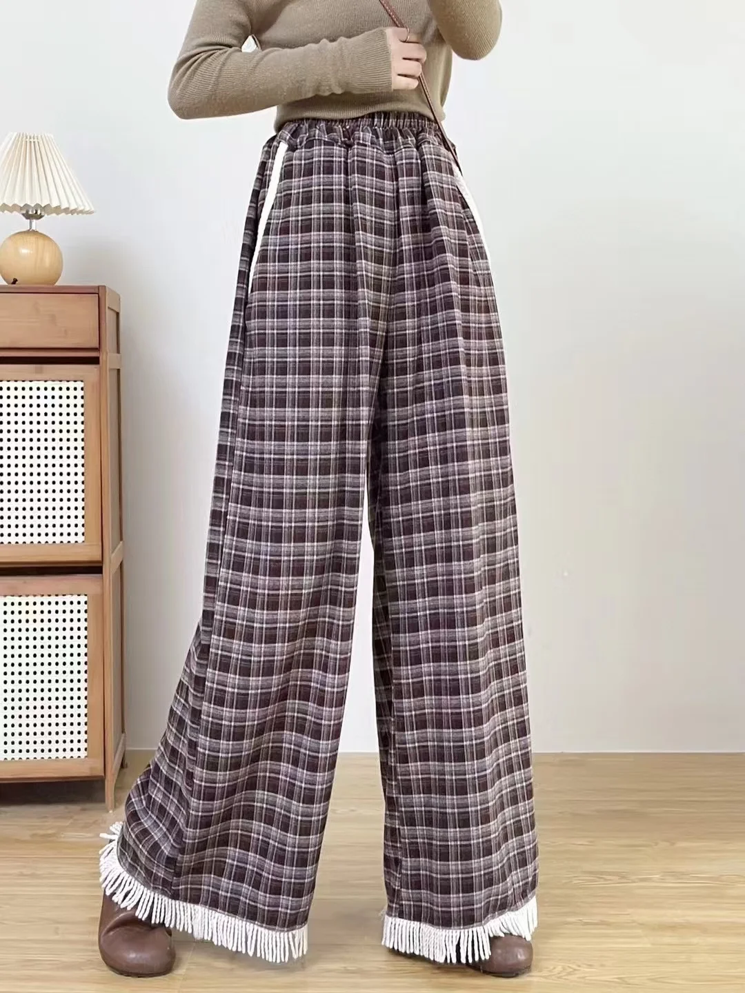 New Autumn Cotton Vintage Pants, Women Elastic Waist Plaid Tassels Trousers, Mori Girl Loose Wide Leg Pants, Winter B4N028CC