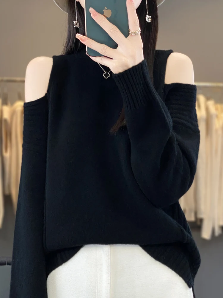 New Women's Cashmere Sweater Cut Out Chic Style Pullover O-neck Long Sleeve Clothing Autumn Winter 100% Merino Wool Knitwear