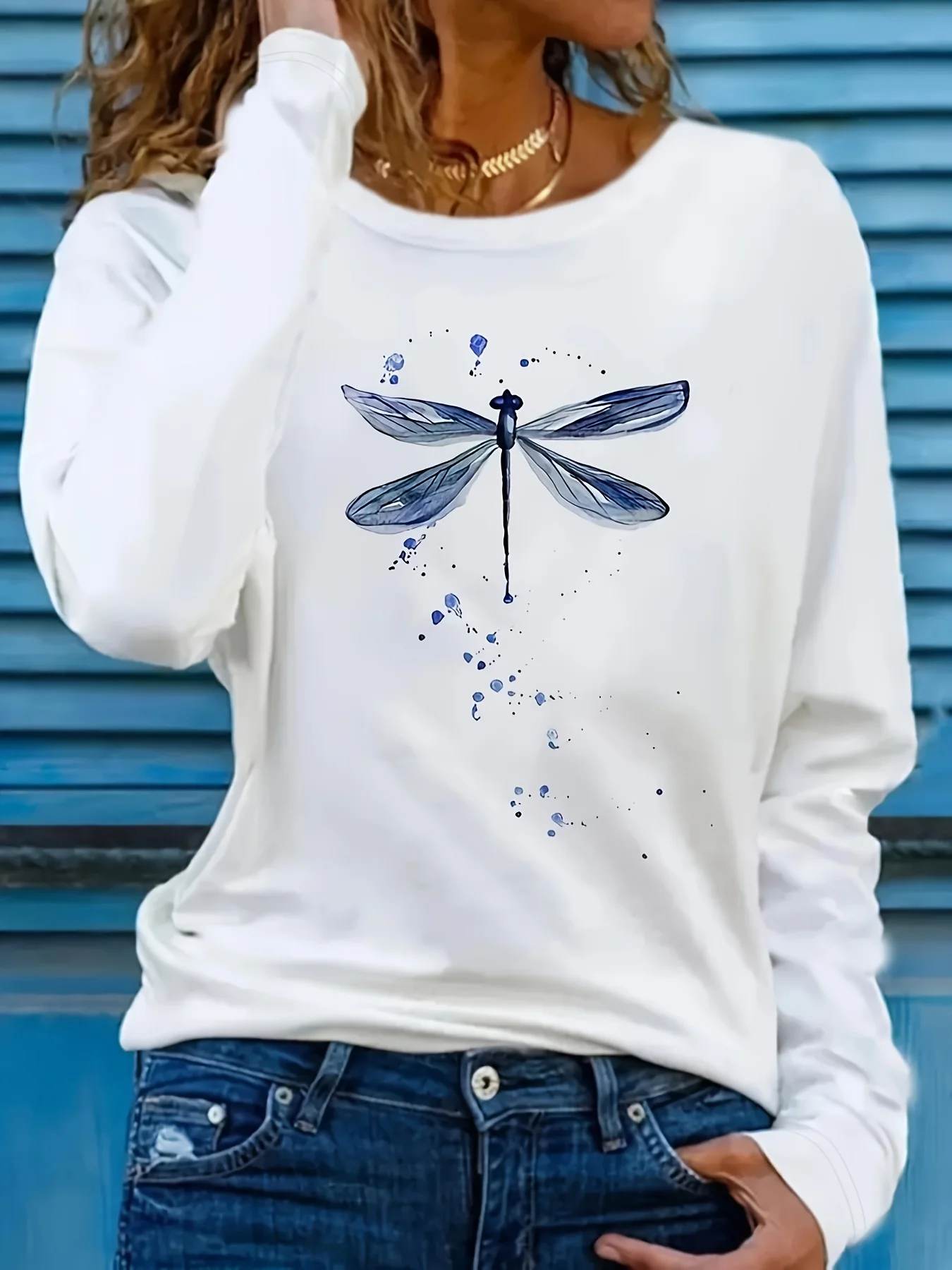

Spring and Autumn Women's 100% Cotton Fashion Casual Loose Dragonfly Print Round Neck Long Sleeve T-shirt Base Shirt