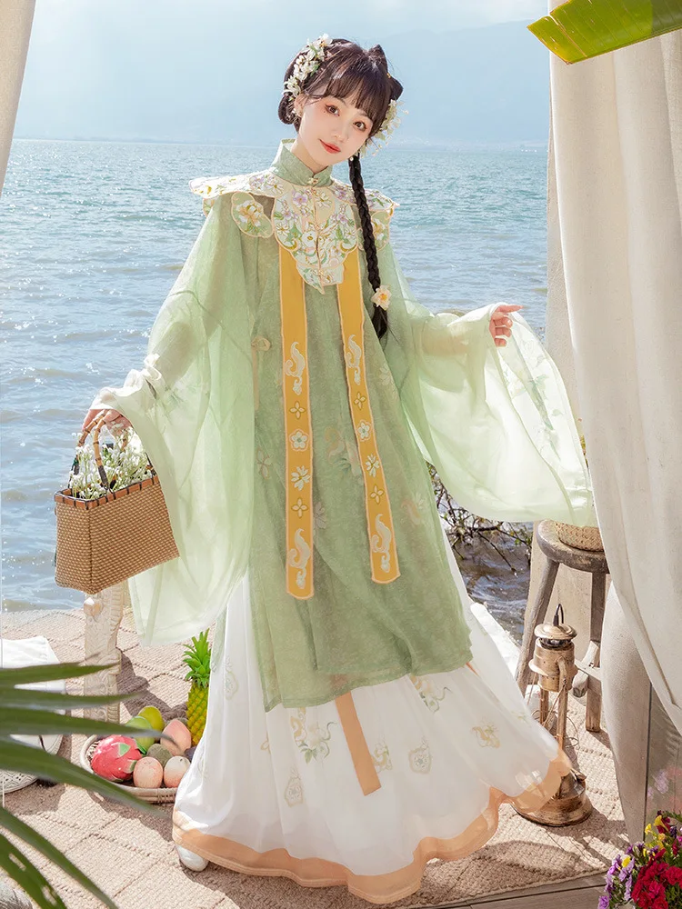 Red Hanfu women cloud-shouldered large sleeves slanted lapel stand collar pleated skirt printed spring and summer authentic