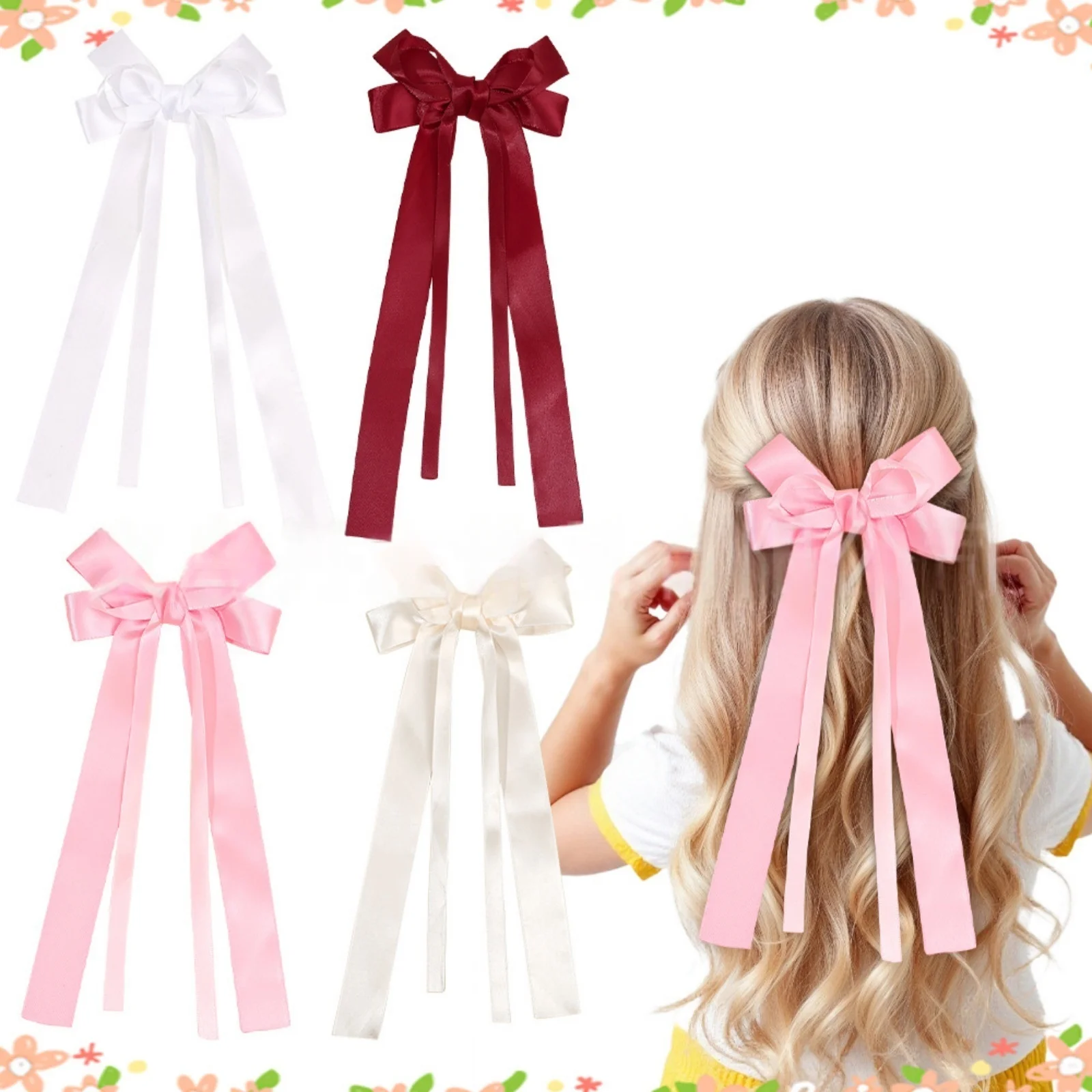 2pcs Long - Ribbon Bow Hair Clips for Girls, 4 - Piece Set in White, Pink, Beige & Burgundy, Sweet Hair Accessories for Kids