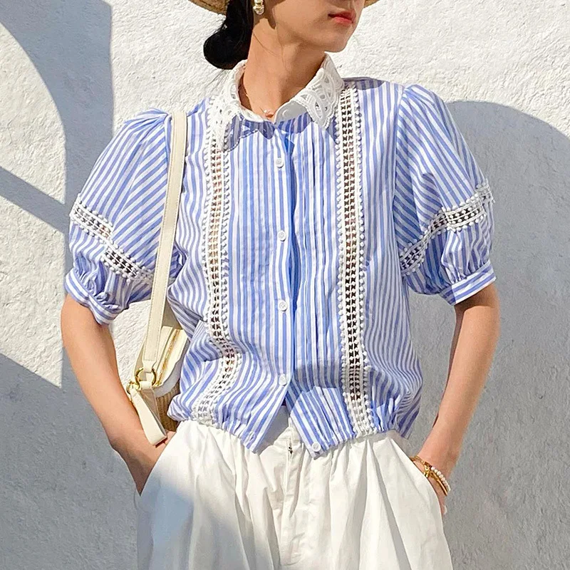 

French Vintage Elegant Striped Blouse Shirt Blue Women White Cotton Lace Chic Hollow Out Sexy Casual Summer Ladies Top Shirt New