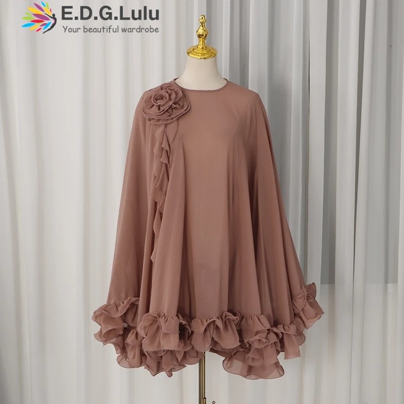 EDGLuLu Leisure Street O-Neck 3d Floral Splicing Bat Sleeve Loose Dress Woman Design Lotus Leaf Edge Splicing Mini Dress 0430