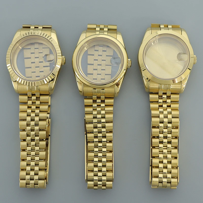 

Gold 36/39mm Fluted Curved Watch Case glidelock Clasp Bracelet Sapphire For Seiko nh35 nh36 nh34 Miyota 8215 Movement 28.5mmDial