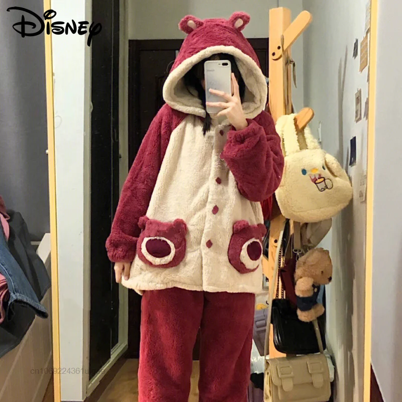 

Disney Cartoon Bear Lotso Cute Plush Home Clothes Women 2 Piece Set Korean Style Cardigan Tops Pants Y2k Soft Fuzzy Pajamas Suit