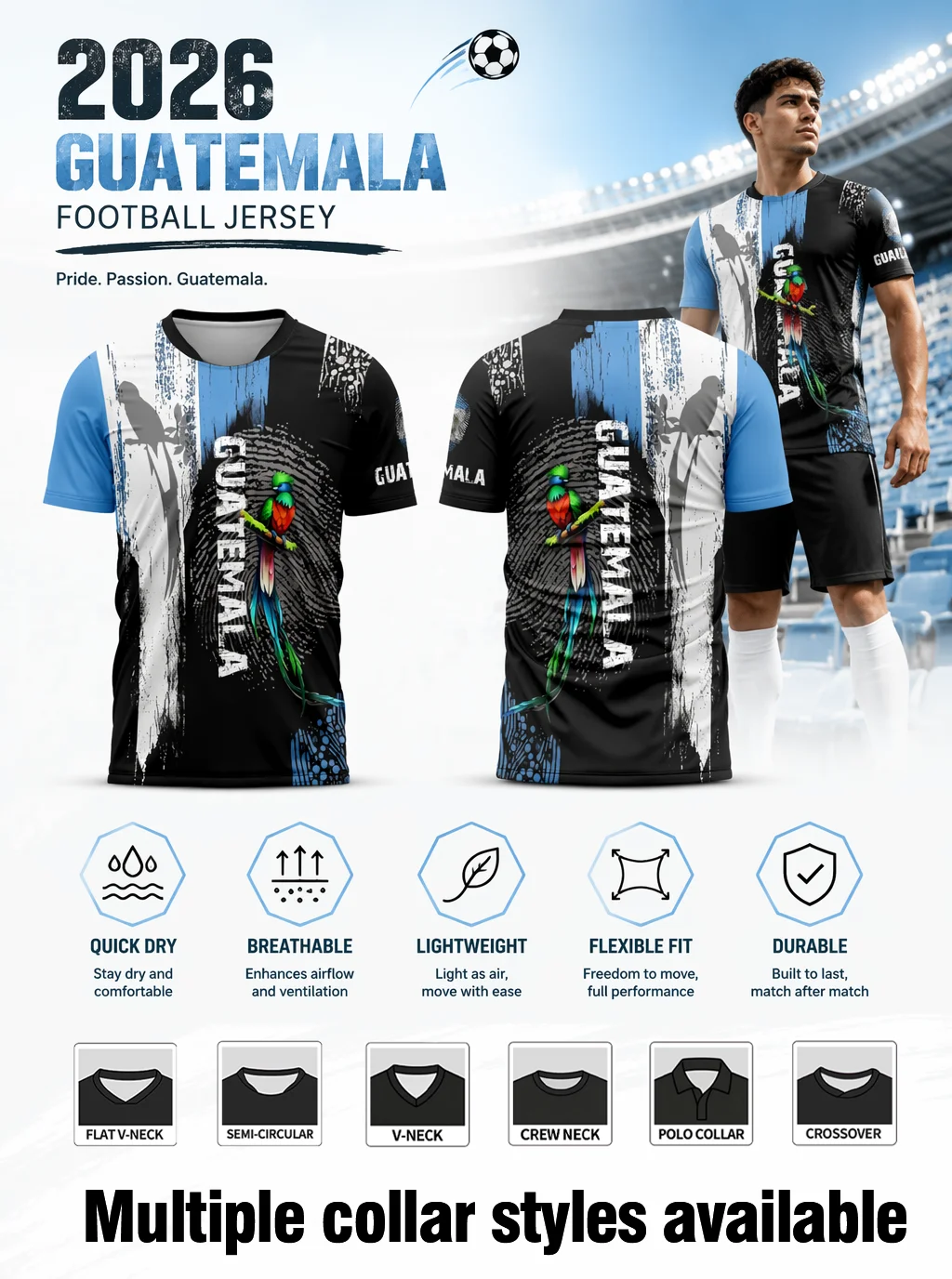 2026 new Guatemala‑themed football jersey with vertical letter logo, sweat‑wicking fabric and unrestrained athletic‑fit cut