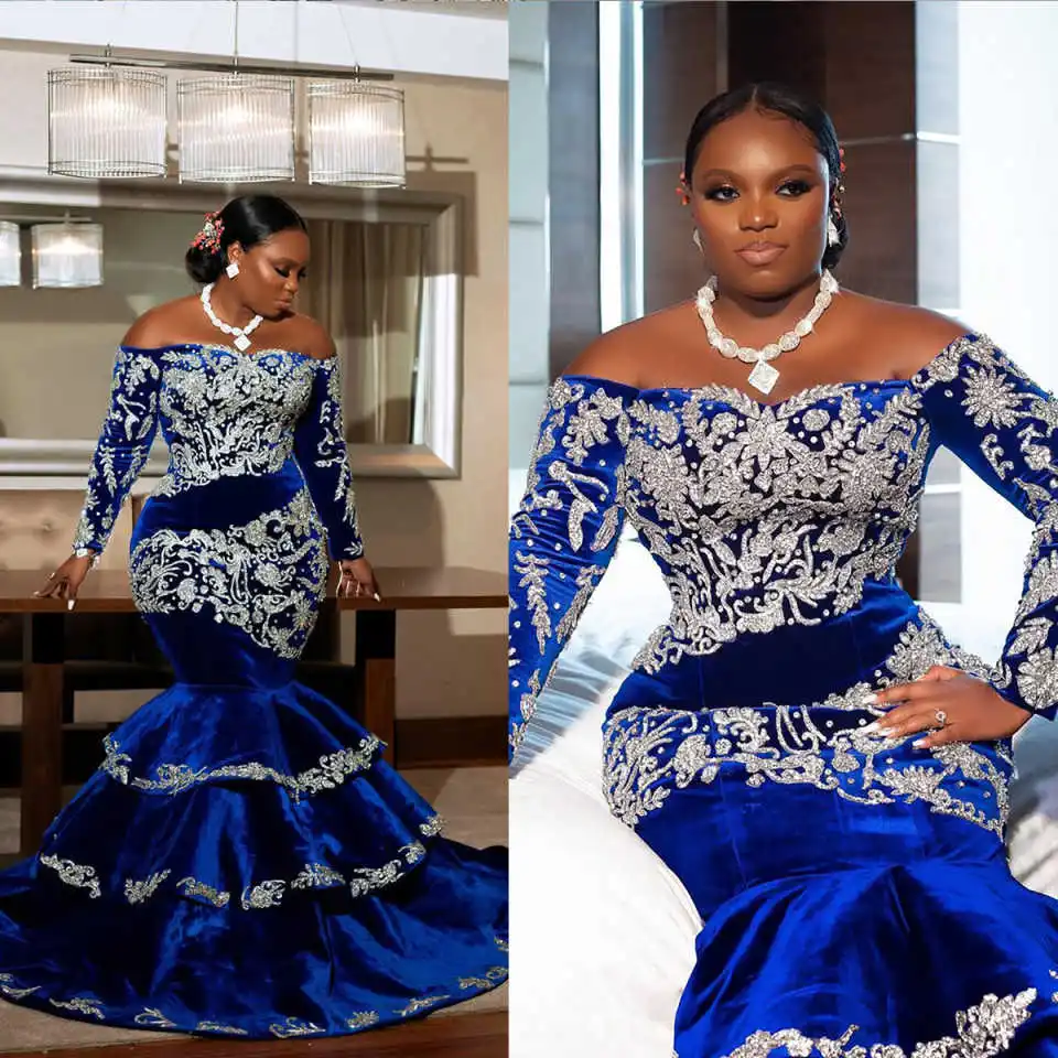 

Royal Velvet Prom Dresses Off the Shoulder Crystal Beading Mermaid Formal Evening Gown Women Party Tiered Dress Customized