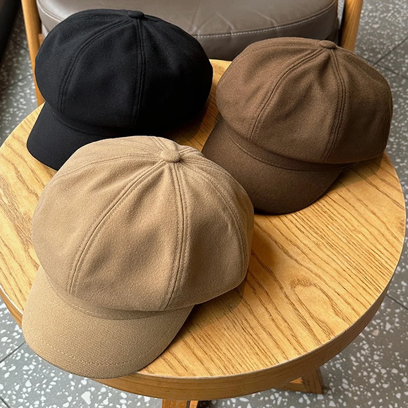 Women Solid Color Beret Cap Autumn Winter Warm Octagonal Newsboy Artist Cap Elegant Lady Outdoor Windproof Painter Peaked Hat