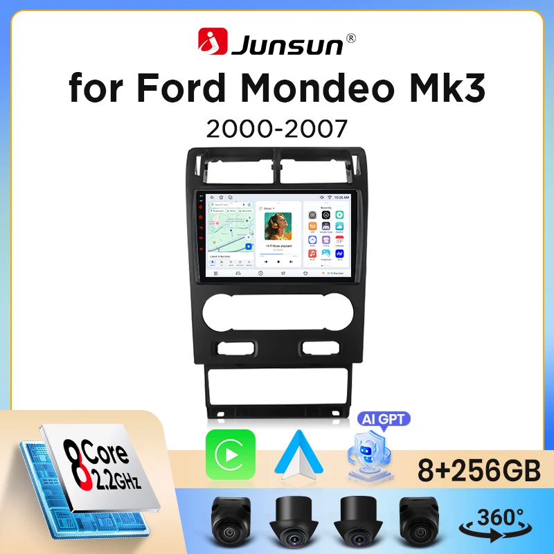 Junsun Wireless CarPlay Android Auto Autoradio für Ford Mondeo Mk3 (CD132) 2000-2007 mit integriertem Lüfter, Android GPS-Navigation, Multimedia-Player, WiFi, DSP, RDS, BT, SWC, IPS-Touchscreen,