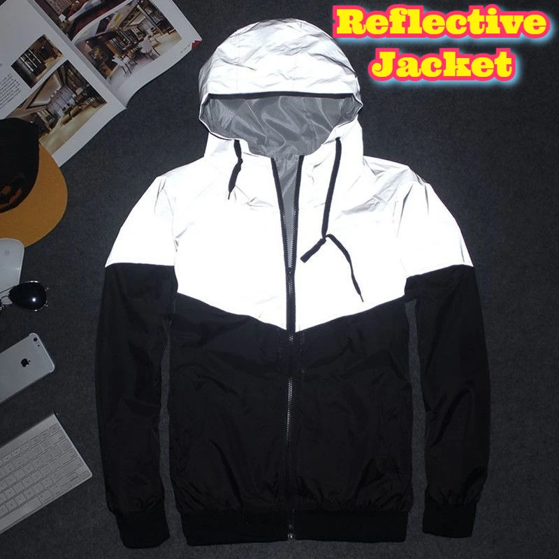 Men Hooded Reflective Jacket Light Up Patchwork Windbreaker Spring Autumn Thin Coat Cycling Running Sportswear Outdoor Jogging