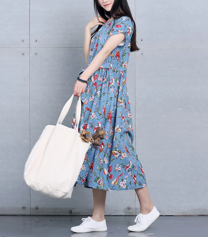 2022 autumn fashion women clothing casual loose Oversize dress  thin blue linen printed short-sleeved vintage dresses female