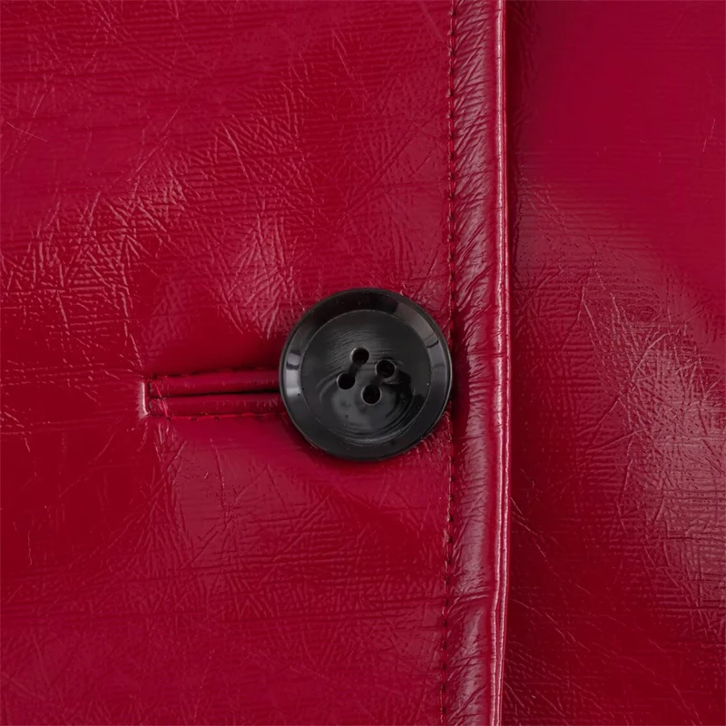 KEYANKETIAN hiver nouvelle veste en cuir artificiel rouge pour femme style Simple col rabattu simple boutonnage ample haut court Blazer