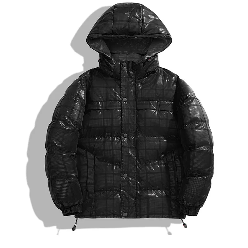 

Man Down Jacket Winter Simple Plaid Stand Collar Zipper Male Outerwear Windproof Long Sleeve Warm Detachable Hooded Men Coat