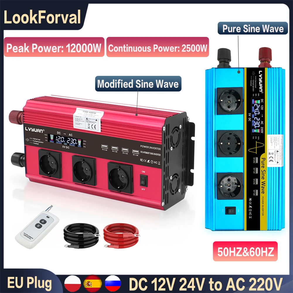 12000W Power Inverter DC 12V 24V to 220V LCD 50HZ 60HZ Converter Car Solar Power Transformer Remote Control EU Socket Inverter