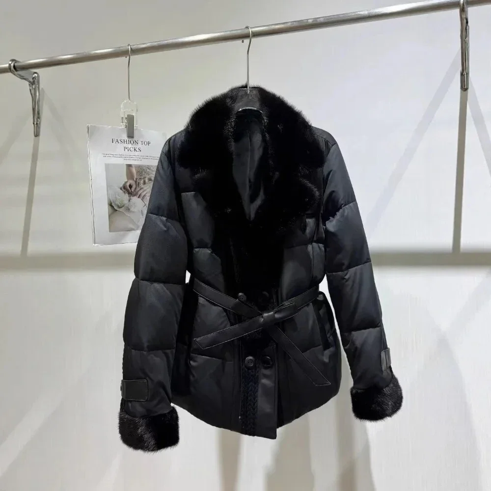 MENINA 2025 automne hiver épaissi chaud haut de gamme mûrier soie blanc doudoune d'oie femmes court vison fourrure col manteau de fourrure