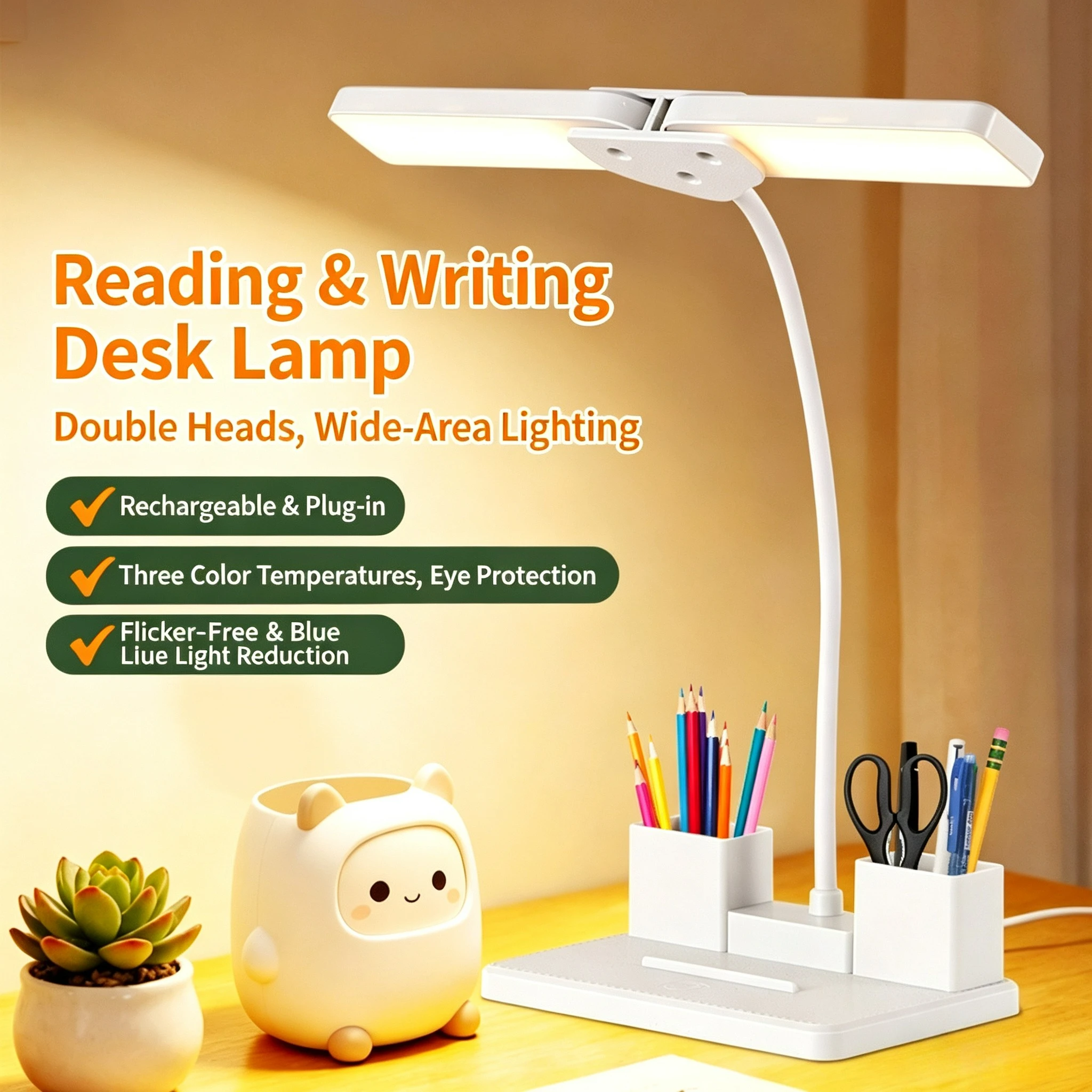 Dual Head LED Desk Lamp Touch Dimming USB Charging Pen Holder Organizer Eye-Caring Study Light for Office Home School