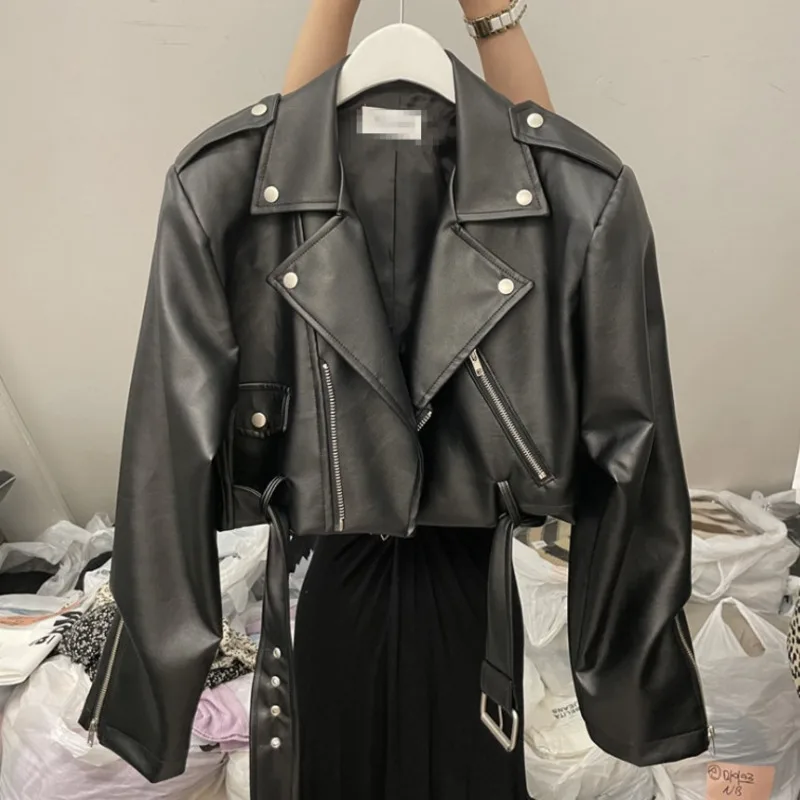

Motorcycle PU Leather Jacket Women Y2K Maillard Jacket Fashionable Lapel Slim Long Sleeves Montage Leather Jacket Top Coat New