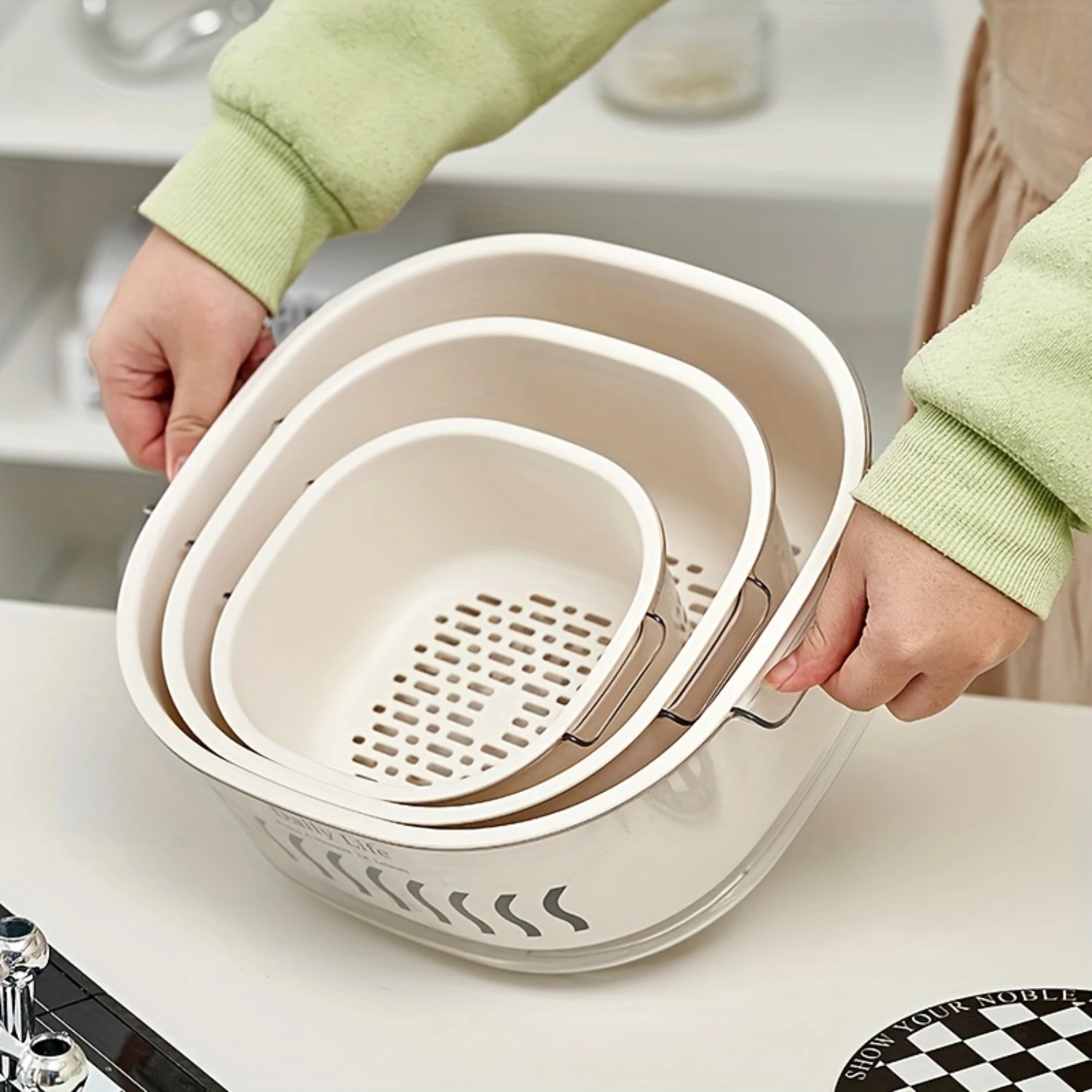 

1pc Double Layer Drainage Basket, Wash Basin Detachable, Multifunctional Colander Strainer for Fruit and Vegetables, Kitchen Sup
