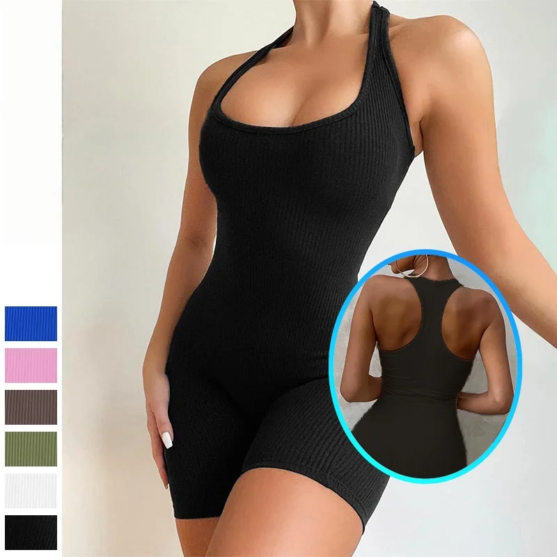 Women's Summer U Neck Racerback Solid Color Slim Fit Yoga Romper Butt Lifting Short Jumpsuit for Workout & Activewear