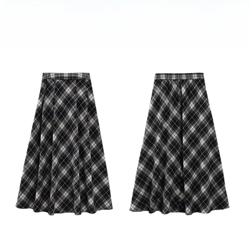 ALXNAN Plus Size Long Plaid Skirt Vintage Black Checkered High-Waist A-line Midi Skirt 2025 Autumn Office Lady Skirts D12960BSQ