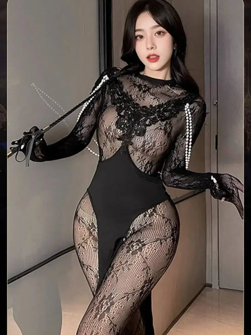 Sexy pérola malha vestido elegante estilo cheongsam pijamas malha quente renda pura camisola moda sexy vestidos femininos topos ys1v