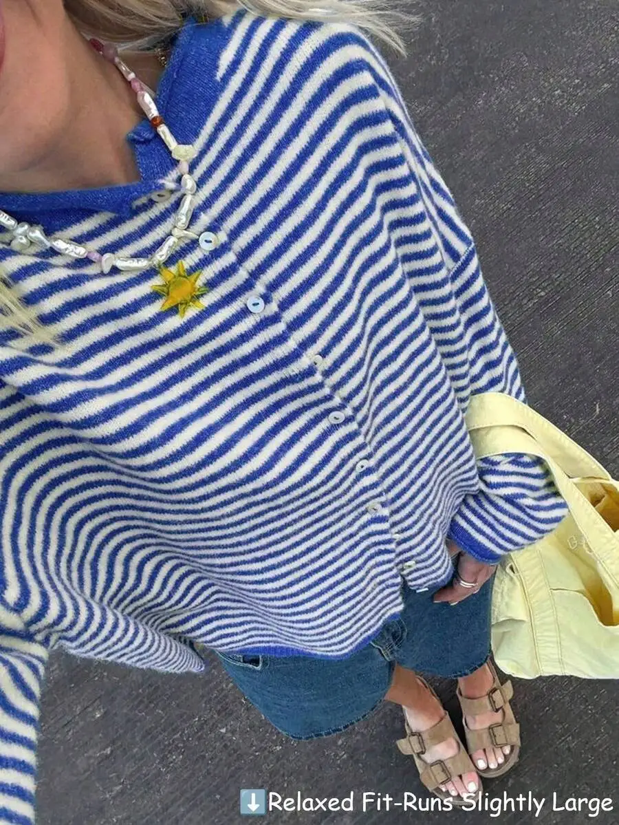 

Свободный вязаный кардиган в сине-белую полоску для женщин, расслабленный крой, повседневная одежда для осени и зимы