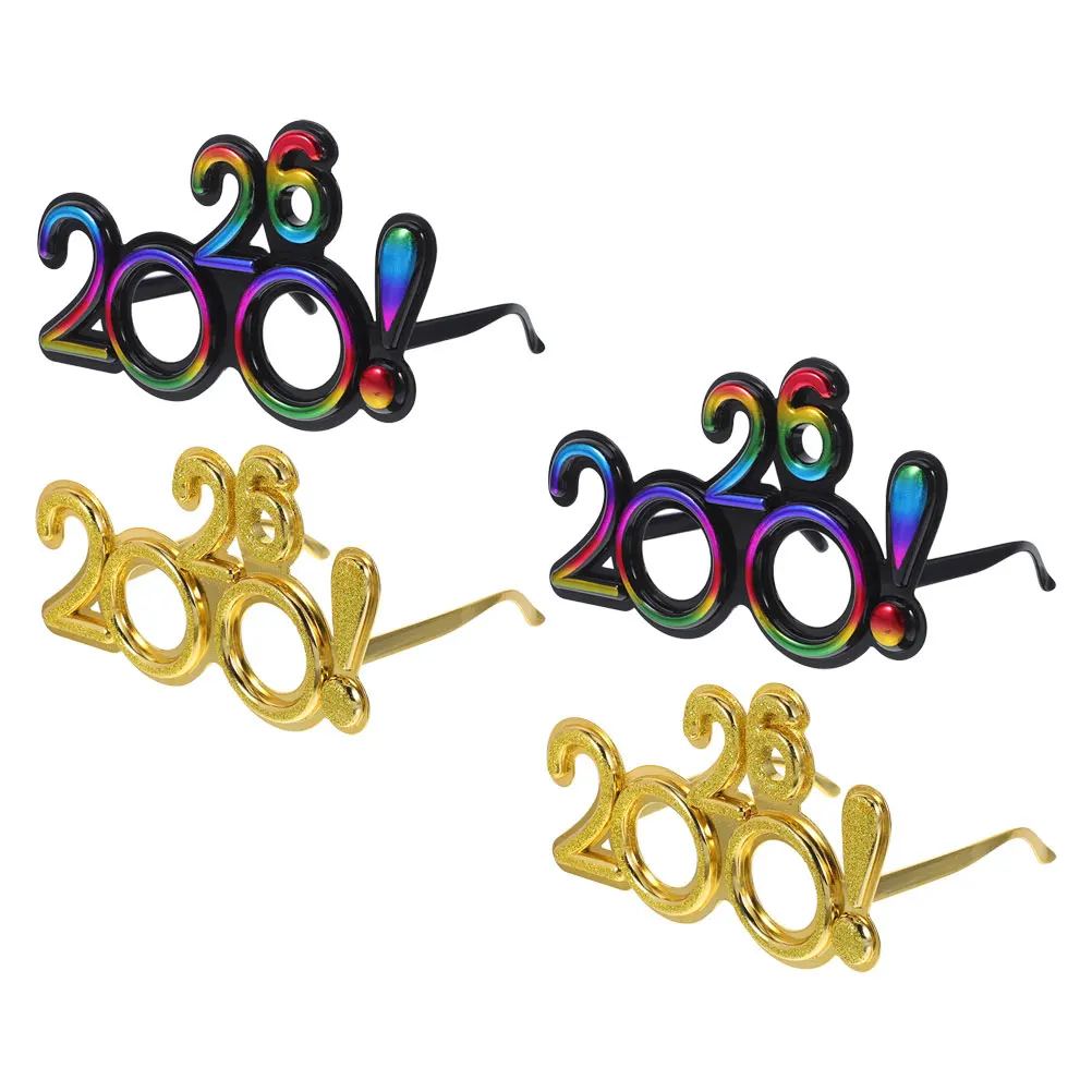 

4Pcs Happy New Year Eyeglasses 2026 Glitter Plastic Party Glasses Photo Booth Props Supplies New Years Glasses Plastic