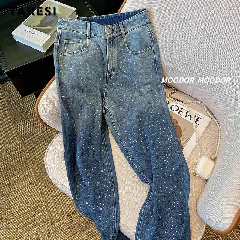 Vintage Dot Print High Waist Wide Leg Baggy Y2K Jeans Pants Korean Fashion Women High Street Style Blue Straight Denim Trouser