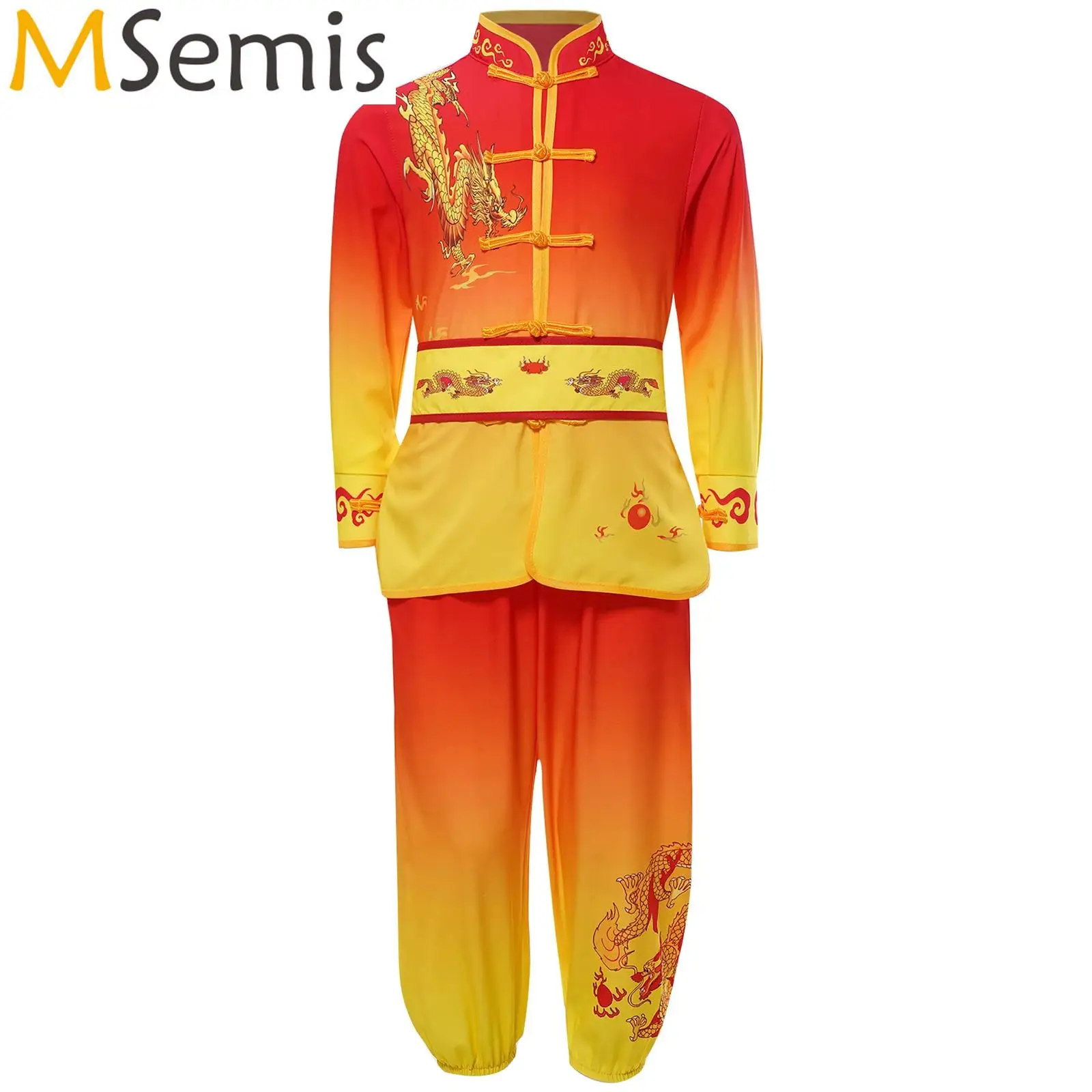 Kids Boys Girls Kung Fu Suit Dragon Print Martial Arts Performance Costume Short Sleeve Knot Buttons Tops with Pants Belt Cuffs