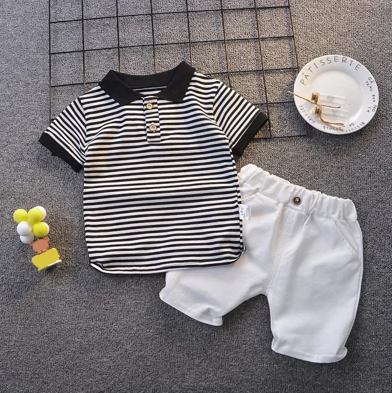 Summer New Boy Clothing Baby Set Short Sleeve Clothes Children Cotton Lapel Striped T-Shirt + Pants 2 Piece Boy Set