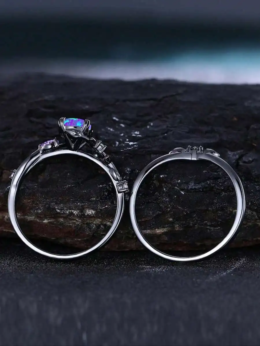 

Black Gunmetal Two-Ring Set With Purple Pear Synthetic Opal And Leaf Motif For Festive, Party, Or Daily Use All Year