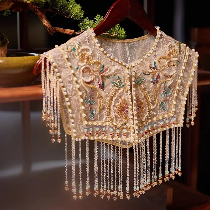 Women\'s Pearl Beaded Embroidery Luxury Tassel Pashmina Female Shawl Cloak R2655