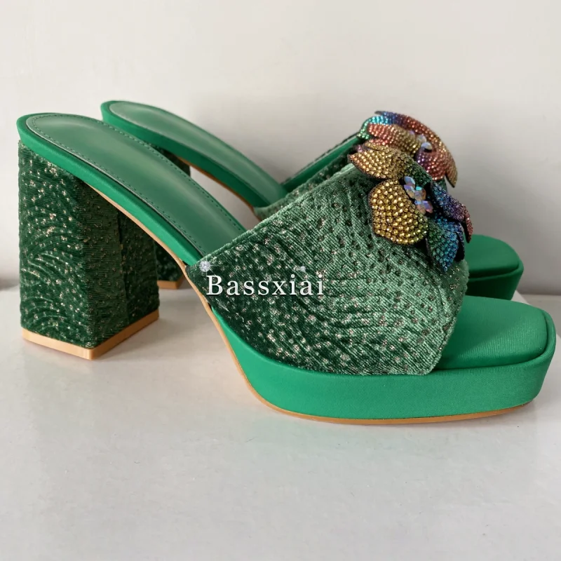 Rhinestone Butterfly-Flower Decor Women Sandals Green Color High Platform Chunky Heel Slingbacks Summer Mules view 4