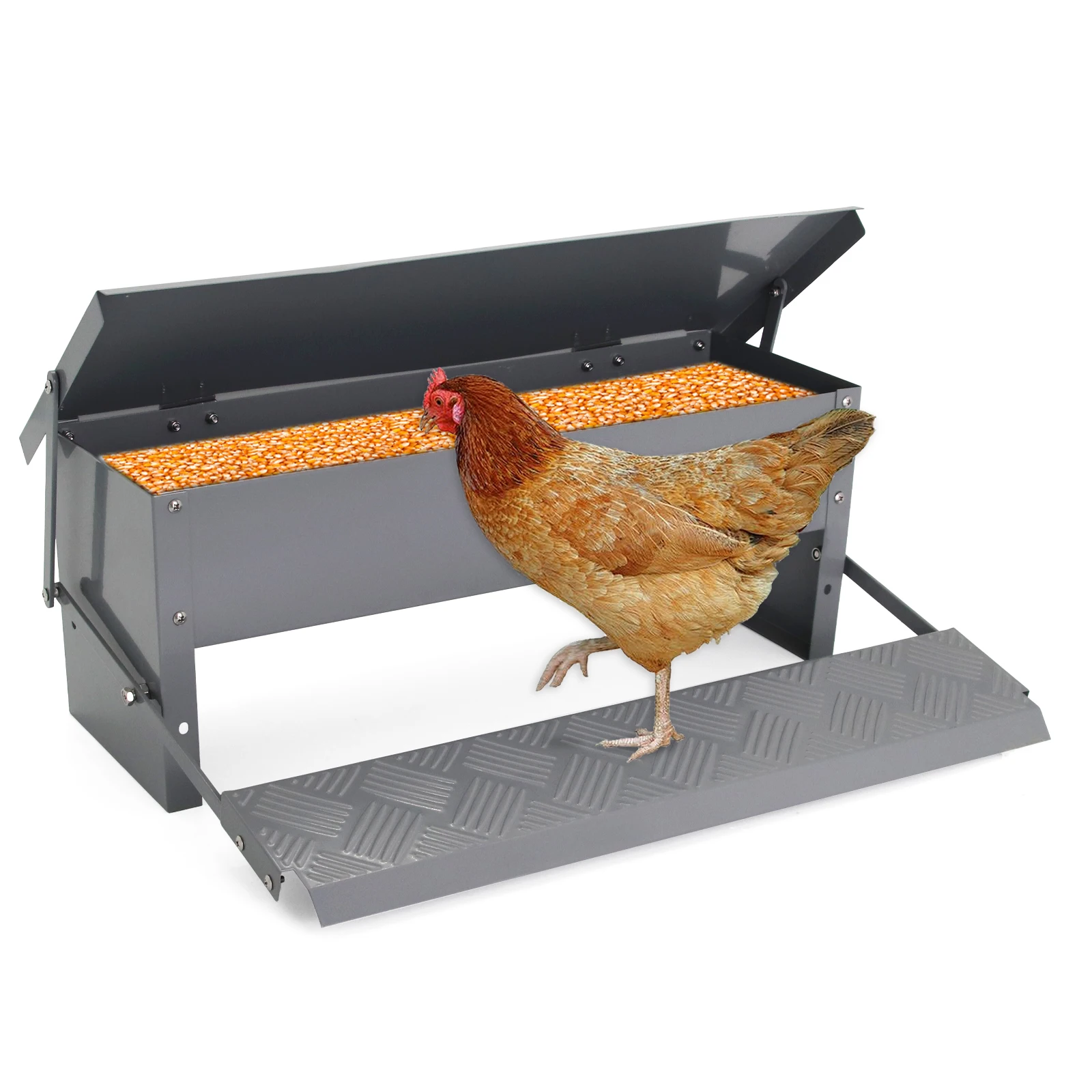 Chicken Feeder Poultry Treadle Iron Spray Paint Trough for Rooster Pheasant Chicken Outdoor Coop Rat Proof with Weatherproof Lid