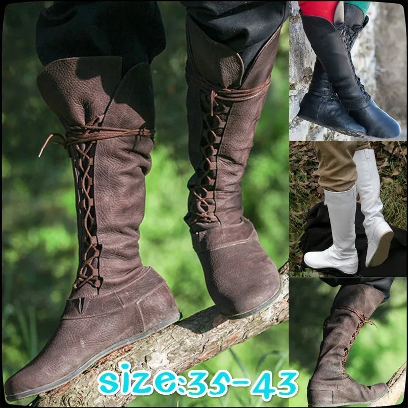 

Medieval Retro Women Princess Men Prince Knight Cosplay Leather Short Ankle Boots Gothic Carnival Party High Tube Bandage Shoes