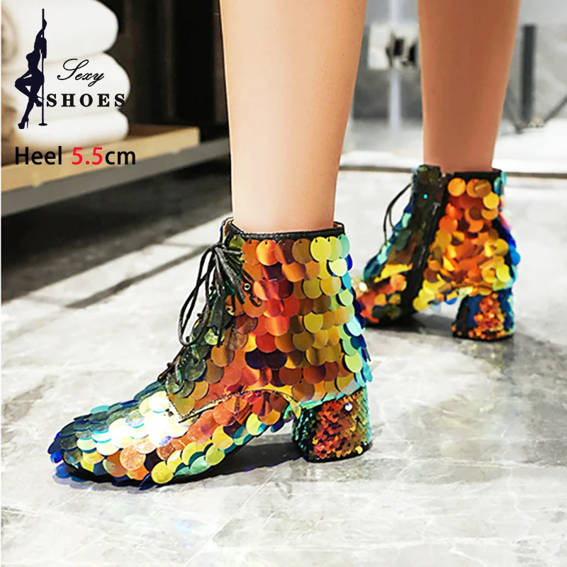 

Женские ботильоны на высоком каблуке с блестками, осенне-зимняя блестящая обувь, клубная модная танцевальная обувь, короткие ботильоны на молнии со шнуровкой
