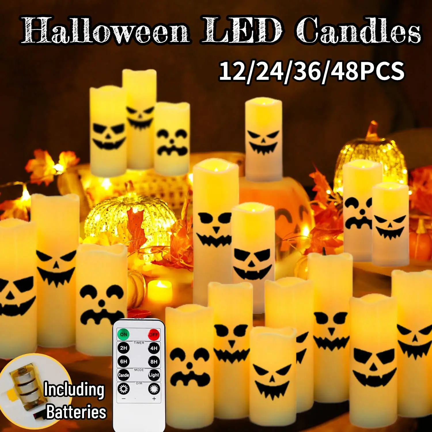 12-48pcs Halloween Candles Battery Operated with Remote and Timer Ghost Flickering Candles Halloween Decor Led Pillar Candle