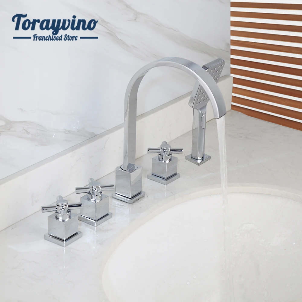 

Torayvino Chrome Bathroom Faucet Hot And Cold Water Bathtub Mixer 3 Handle Dual outlet Deck Mounted Wash Basin Sink Taps