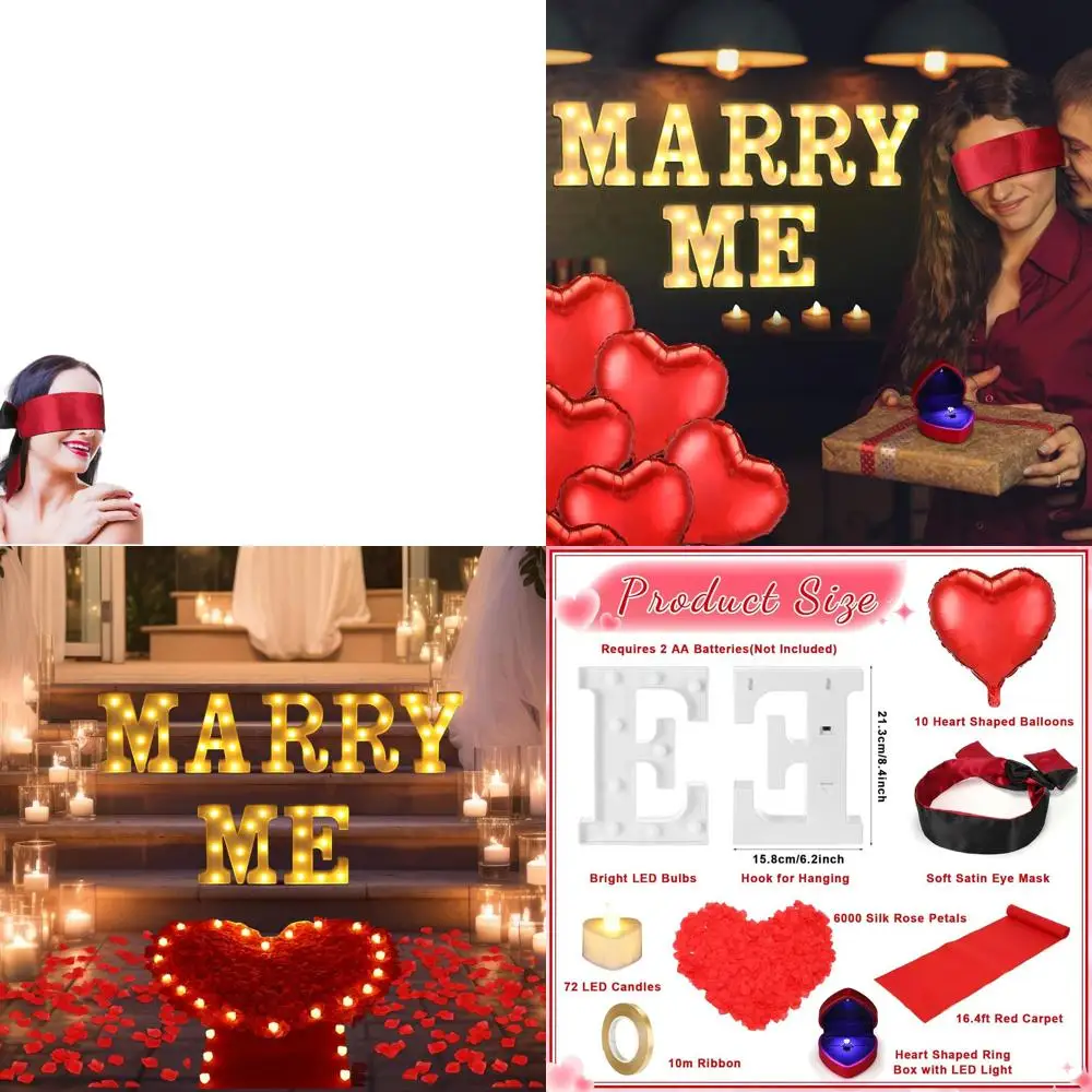 

Engagement Night Decor Kit: Light Up 'Marry Me' Letters, 6000 Petals, 72 Candles, Balloons, Red Carpet, Ring Box